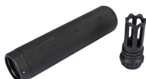 Extensión de cañón Element / CYMA QD con ocultador de flash de acero tipo Masada (Color: Negro - Largo / Negativo de 14 mm)